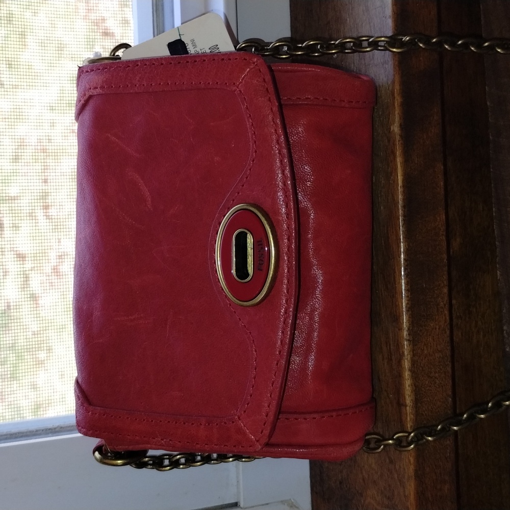 Fossil Crossbody Red Leather Bag Key FOB Keychain Purse NWT - Picture 2 of 11
